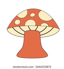 Cartoon red mushroom with beige dots and thick stem isolated on white background in flat simple style