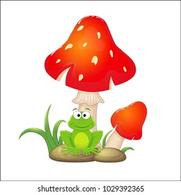 Cartoon red mushrooms and grass   stones   frogs sitting under them  Vector illustration isolated white background 