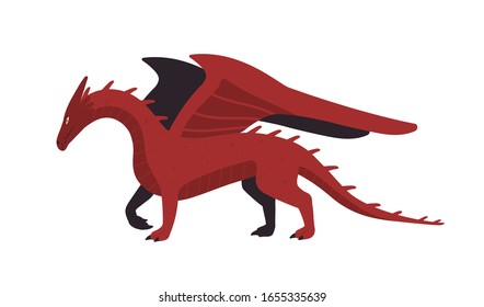 Cartoon red mythical creature dragon isolated on white background. Antique dangerous character with wings vector flat illustration. Colorful fantasy powerful monster side view