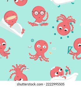 Cartoon red octopus character in different quotes, pattern seamless isolated vector illustration on green background.