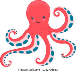 Cartoon red octopus, marine, cute ocean animal, wildlife underwater, design, flat style vector illustration, isolated on white. Funny creature with tentacles, children s picture, print on fabric.
