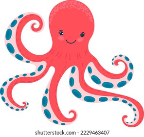 Cartoon red octopus, marine, cute ocean animal, wildlife underwater, design, flat style vector illustration, isolated on white.