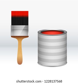 Cartoon red paint bucket with striped pattern and paint brush. Vector illustration of isolated on white tools for renovation