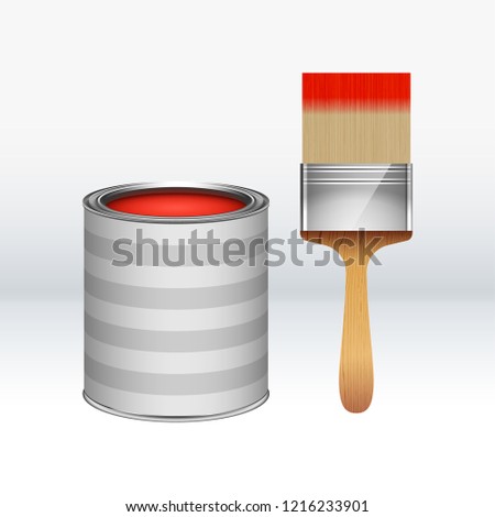 Cartoon red paint bucket with striped pattern and paint brush. Vector illustration of isolated on white tools for renovation