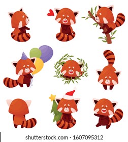 Cartoon Red Panda Character Doing Different Activities Vector Set