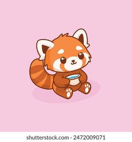 cartoon red panda holding a cup of water