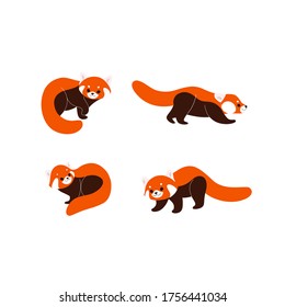 Cartoon red panda icon set. Cute animal character in different poses. Vector illustration for prints, clothing, packaging, stickers.