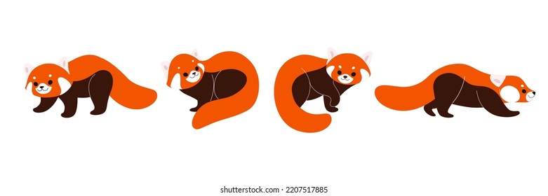 Cartoon red panda icon set. Cute animal character in different poses. Vector illustration for prints, clothing, packaging, stickers.