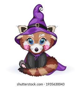 Cartoon red panda in a purple witch's hat and cloak. Halloween poster