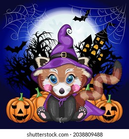 Cartoon red panda in a purple witch's hat and cloak with pumpkins, against the backdrop of a cobweb, castle, moon and trees. Halloween poster