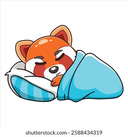 Cartoon red panda sleeping sweetly, curled up in blanket. Cute, cozy illustration style conveys peace, relaxation, comfort. Stickers, social media designs, children's books, apps, printed materials