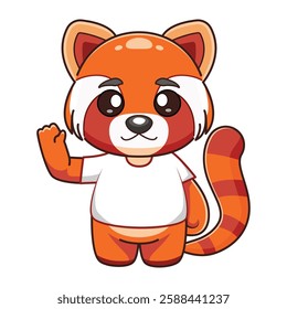 Cartoon red panda waves its paw in a friendly way, greeting you. The character looks friendly and welcoming, making it perfect for use in sticker packs, chats, social media, branding, or advertising