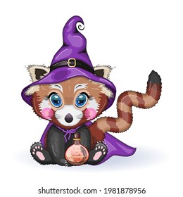 Cartoon red panda wearing purple witch hat with potion. Halloween poster