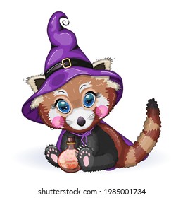 Cartoon red panda wearing purple witch hat with potion. Halloween poster