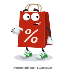 cartoon red paper bag with percent symbol mascot showing himself on a white background