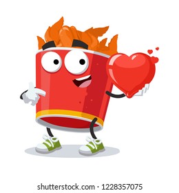 cartoon red paper bucket with fried chicken wings character mascot keeps the heart on white background