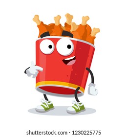cartoon red paper bucket with fried chicken legs mascot showing himself on a white background