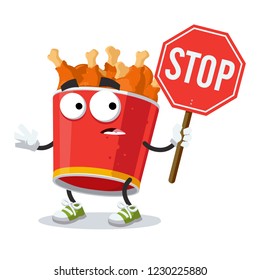 cartoon red paper bucket with fried chicken legs mascot with tablet stop in hand on white background