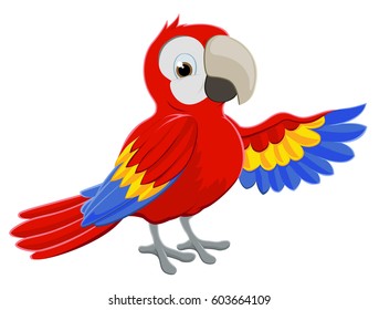 Cartoon red parrot bird character pointing with its wing