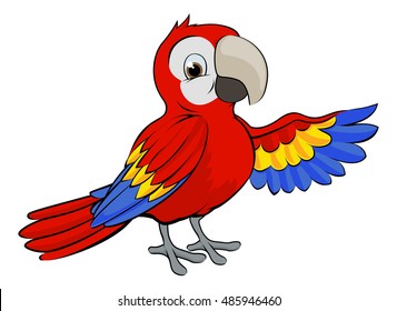 A cartoon red parrot bird pointing or waving with its wing