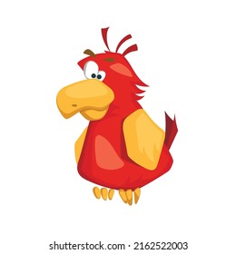 Cartoon red parrot. Funny bird character. Isolated sad pet. Comic pirate mascot. Vector illustration