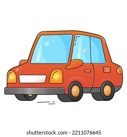 Cartoon red passenger car or machine. Images transport or vehicle for children. Colorful vector illustration for kids.