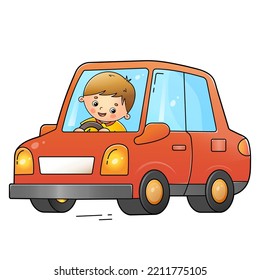 Cartoon red passenger car or machine with driver. Images transport or vehicle for children. Colorful vector illustration for kids.