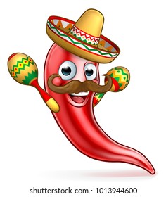 A cartoon red pepper character with moustache wearing Mexican sombrero hat and shaking maracas 