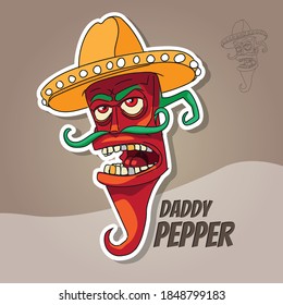 Cartoon red pepper in a yellow sombrero in Mexican style.