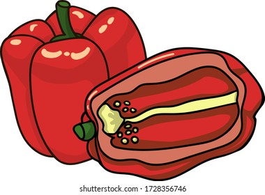 Cartoon red peppers set. Vector whole and cut paprika