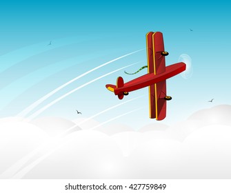 Cartoon red plane banner in the sky. Travel over the world concept illustration. Vector 