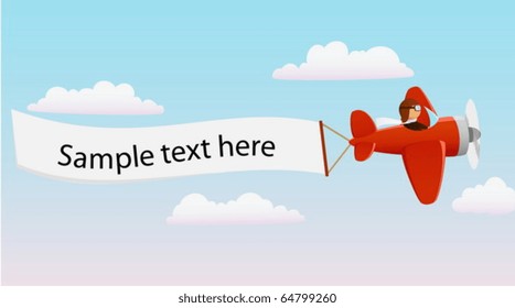 Cartoon red plane with pilot and advertising banner