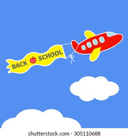 Cartoon red plane. Ribbon with words Back to school Flat design Vector illustration 