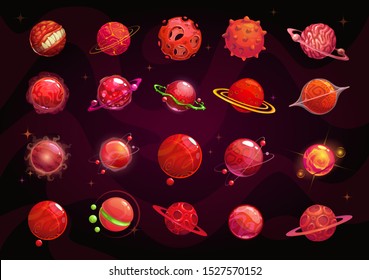 Cartoon red planets set. Funny fantasy planet on cosmic background. Vector space assets for game design.
