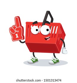 Cartoon Red Plastic Shopping Basket Character Mascot With The Number 1 One Sports Fan Hand Glove On A White Background