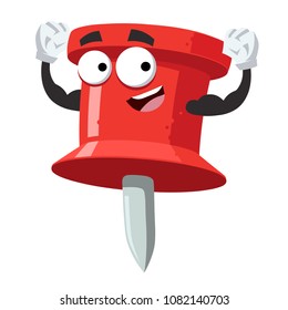 cartoon red push pin mascot shows its strength on a white background