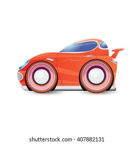 cartoon red racing car isolated on white. vector red car with big wheels