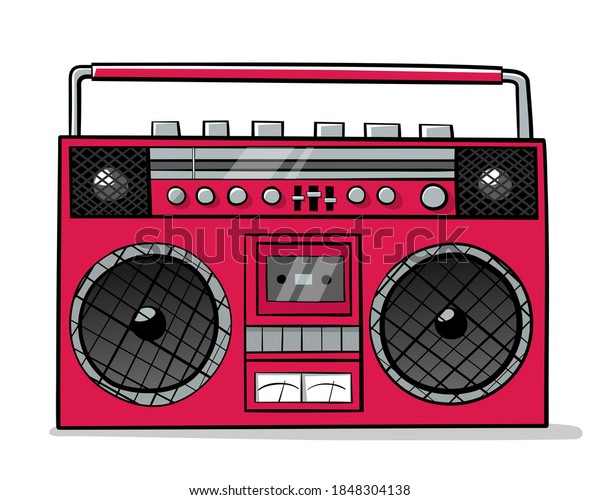 Cartoon red radio boombox\
of the 80s\
