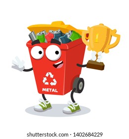 cartoon red recycle garbage can for metal mascot holds the number one cup on white background