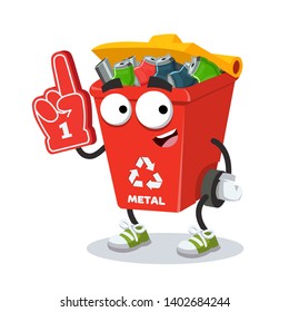 cartoon red recycle garbage can for metal character mascot with the number 1 one sports fan hand glove on a white background