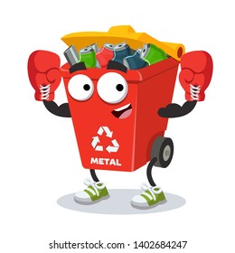 cartoon red recycle garbage can for metal mascot in red boxing gloves on white background