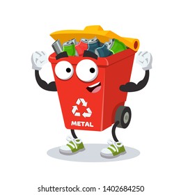 cartoon red recycle garbage can for metal mascot shows its strength on a white background