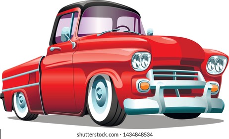 Cartoon red retro truck pickup car, on a white background. ESP Vector illustration.