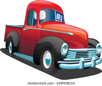 Cartoon red retro truck pickup car, on a white background. ESP Vector illustration.