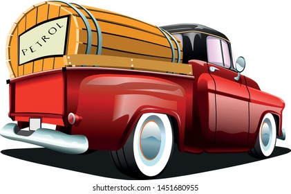 Cartoon red retro truck pickup car, on a white background. ESP Vector illustration.