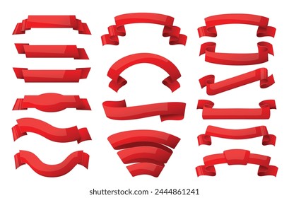 Cartoon red ribbons. Curvy decorative elements. Empty banner for promotional text. Differently folded and curled strips. Premium silk labels. Holiday tapes. Curved flags
