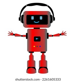 Cartoon red robot in headphones on a white background. Vector illustration