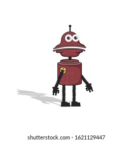 Cartoon red robot in retro style. Vector illustration on a white background with shadow.