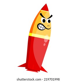 Cartoon red rocket battle with an evil facial expression isolated on a white background. Vector illustration. 