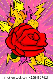Cartoon Red Rose, comic book Flower. Retro vector comics pop art design.